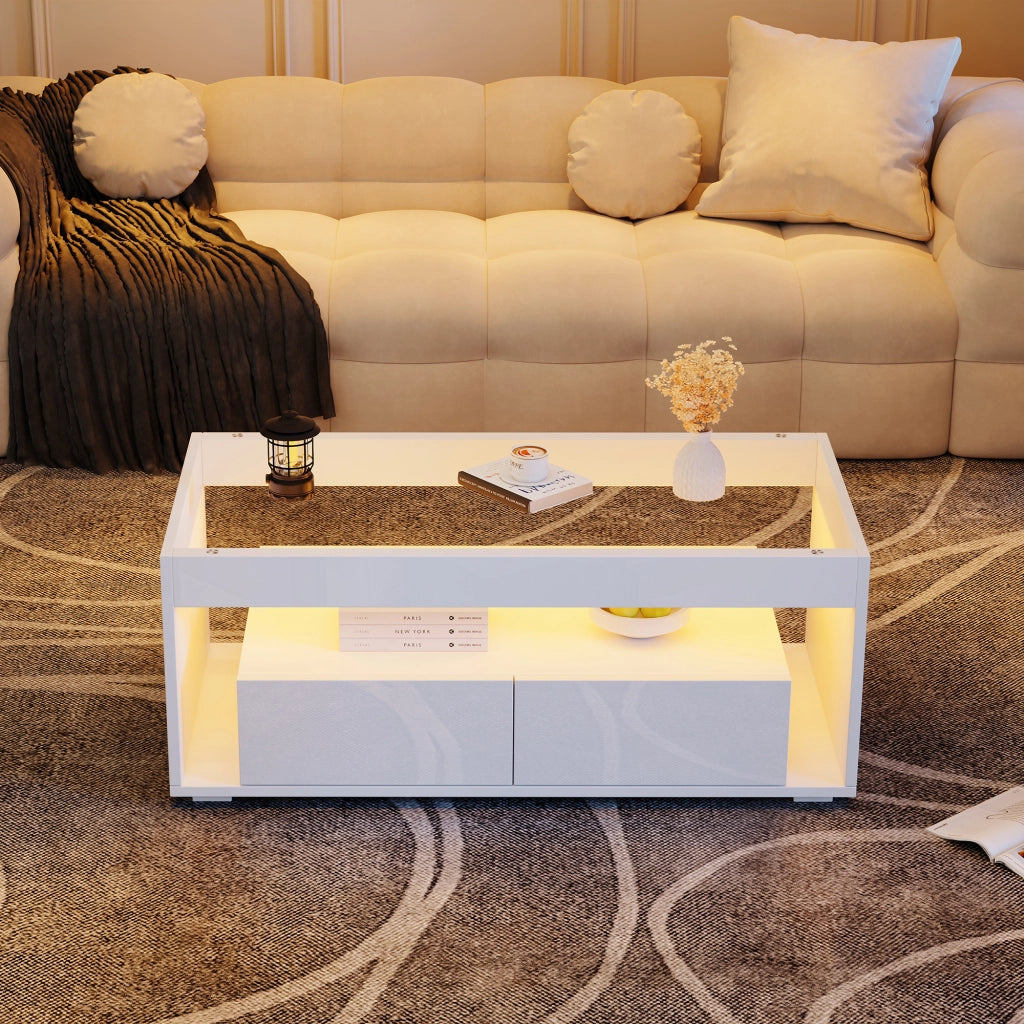 Tavolino basso con LED, 2 cassetti e 2 vani aperti, piano in vetro temperato, per soggiorno, bianco, 100 × 50 × 40 cm
