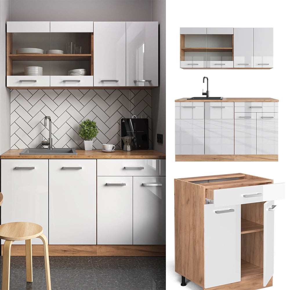 Vicco Cucina completa Bianco lucido/oro power oak 140 cm senza piano di lavoro