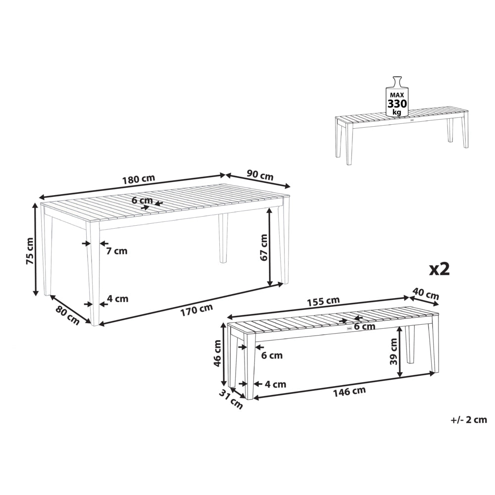 Set da pranzo da giardino 2 panche e tavolo marrone chiaro in legno di acacia certificato Piano rettangolare Stile rustico Da esterno