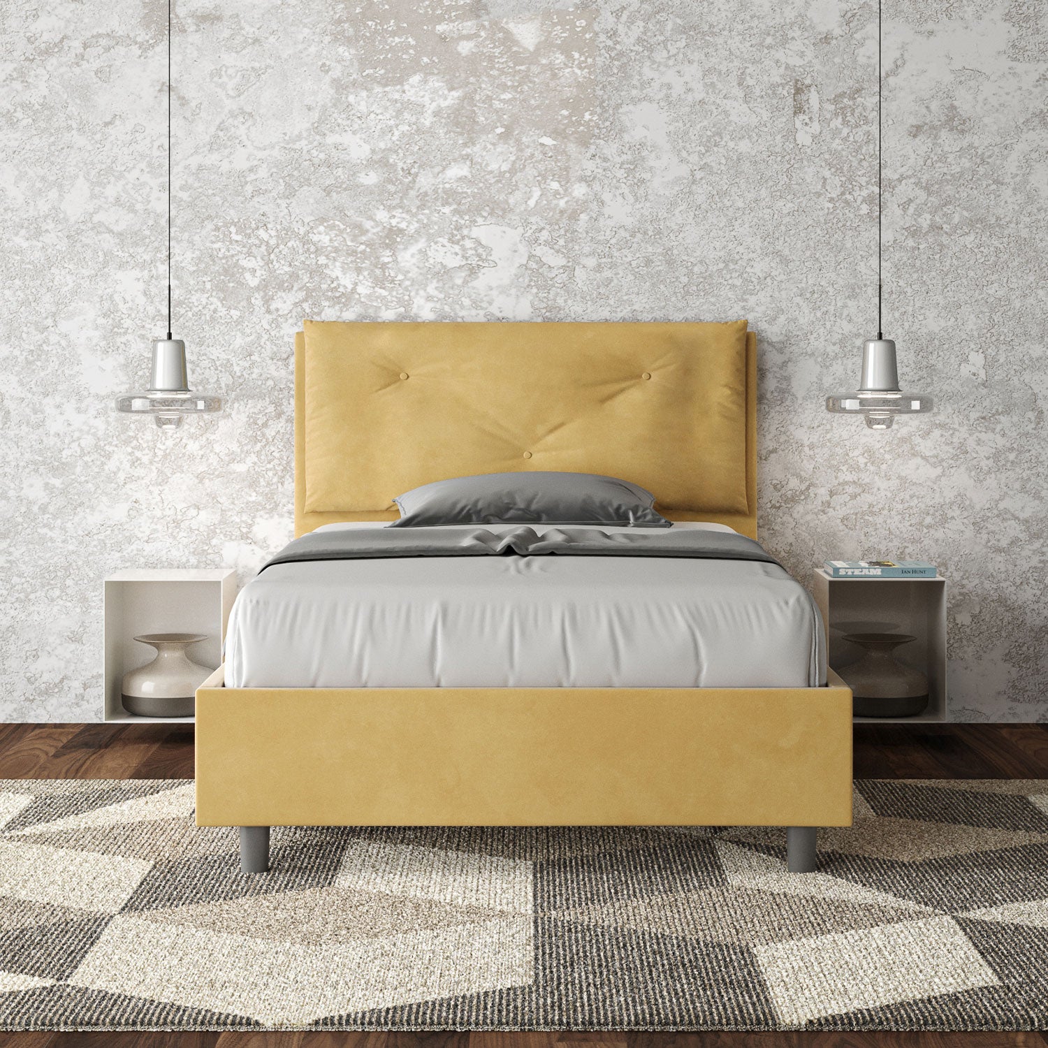 Letto 1 Piazza E Mezzo 120x200 cm Senza Rete Imbottito in Microfibra Appia Large Ocra