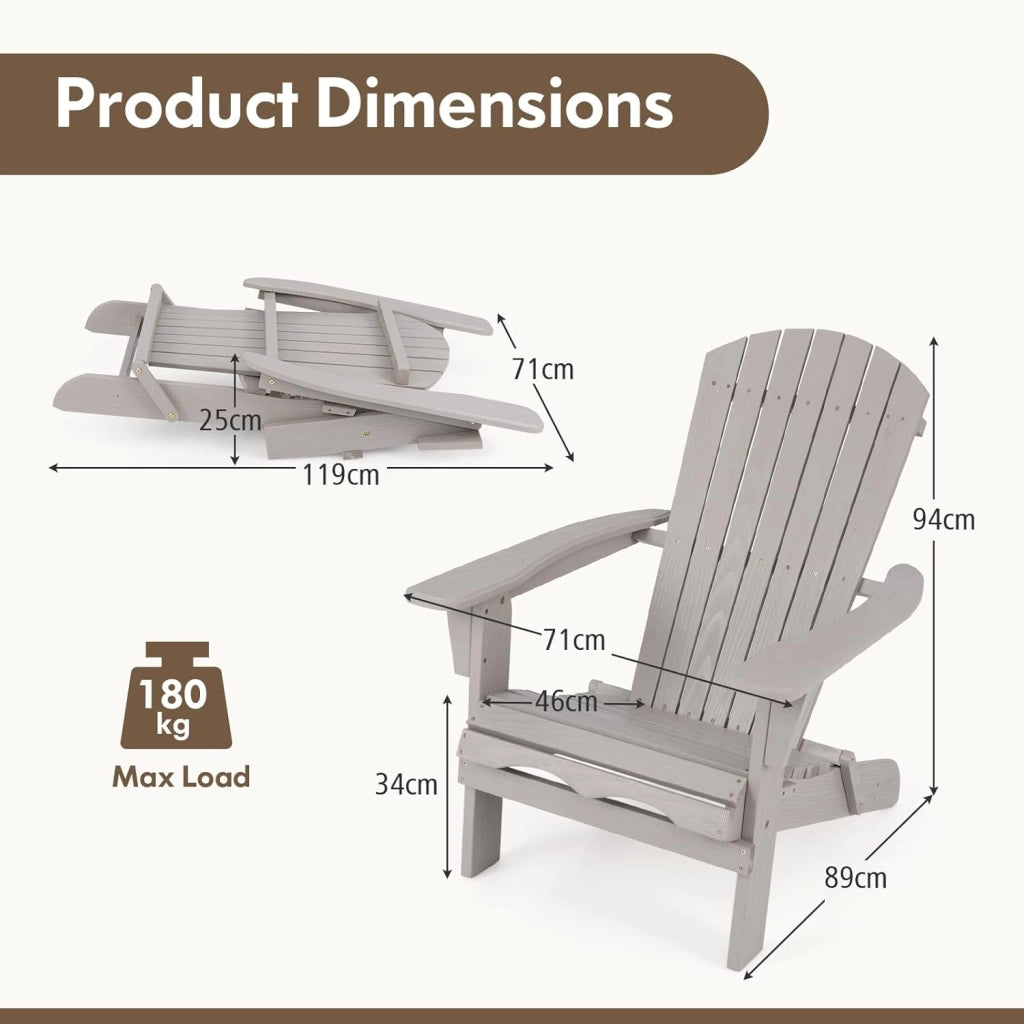 Sedia Adirondack Pieghevole, Sedia da Giardino in Legno di Abete con Schienale e Braccioli, Ergonomica, Poltrona da Esterno per Patio, Terrazza, Balcone, Veranda, Portata 180kg (Grigio*1)