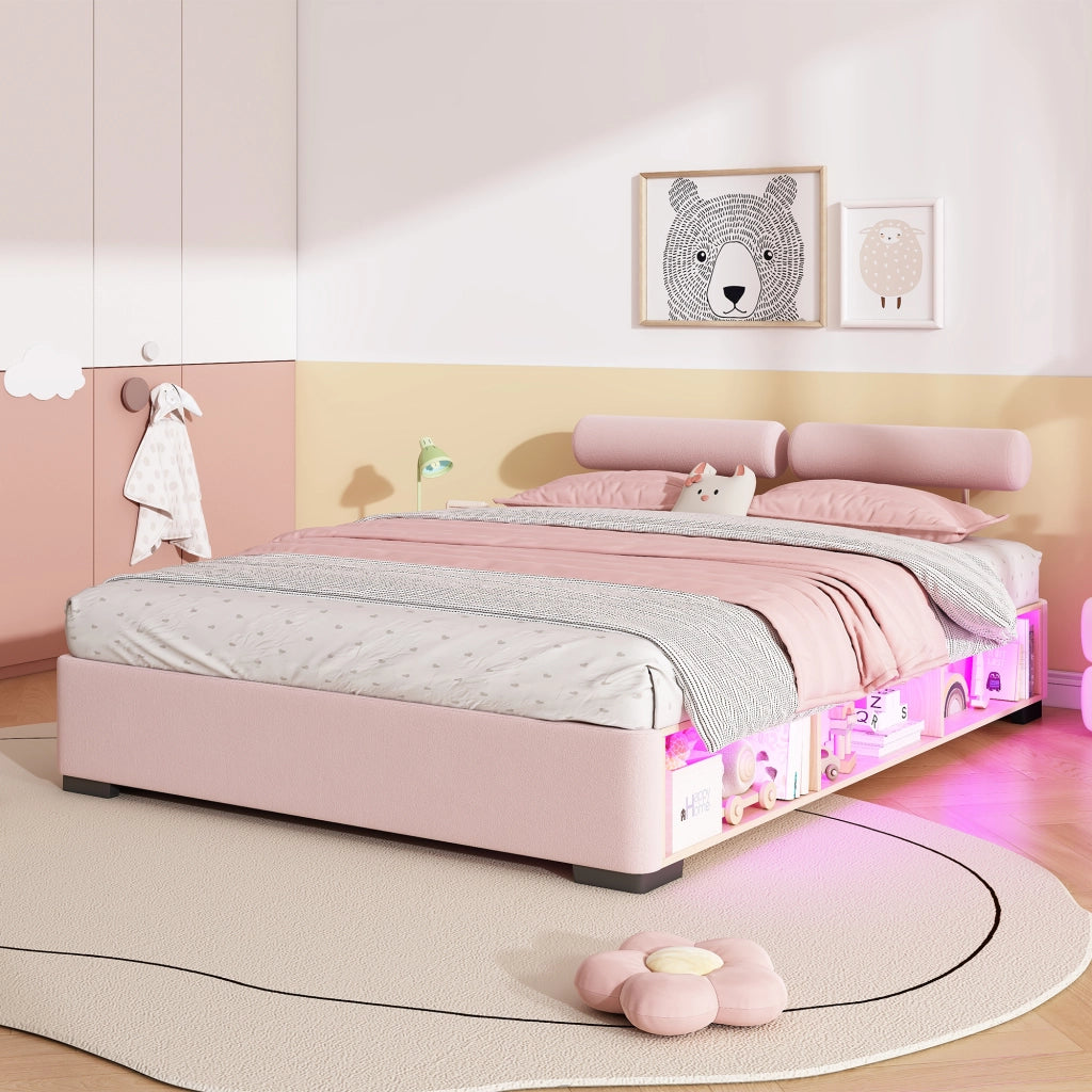 Letto per Bambini 140x200 cm - Vani aperti; LED e Testiere imbottite in Velluto Rosa