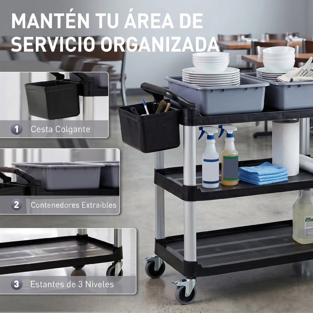 Carrello per Pulizie con 3 Ripiani 2 Contenitori e Secchio Laterale ¨C zephmum ¨C Nero 100 kg