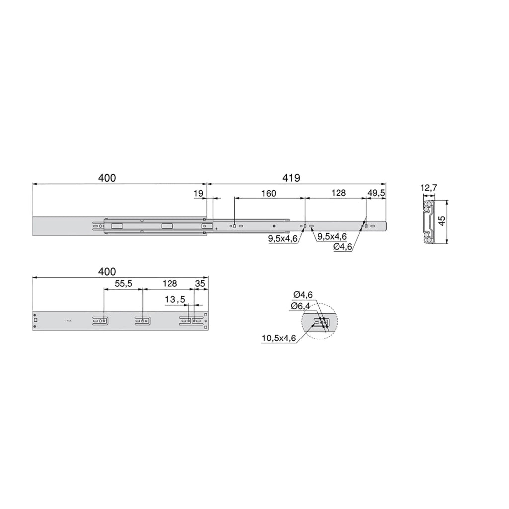 Guide a Sfere per Cassetti con Estrazione Totale e Chiusura Soft H45 mm L400 Bianco Acciaio Emuca