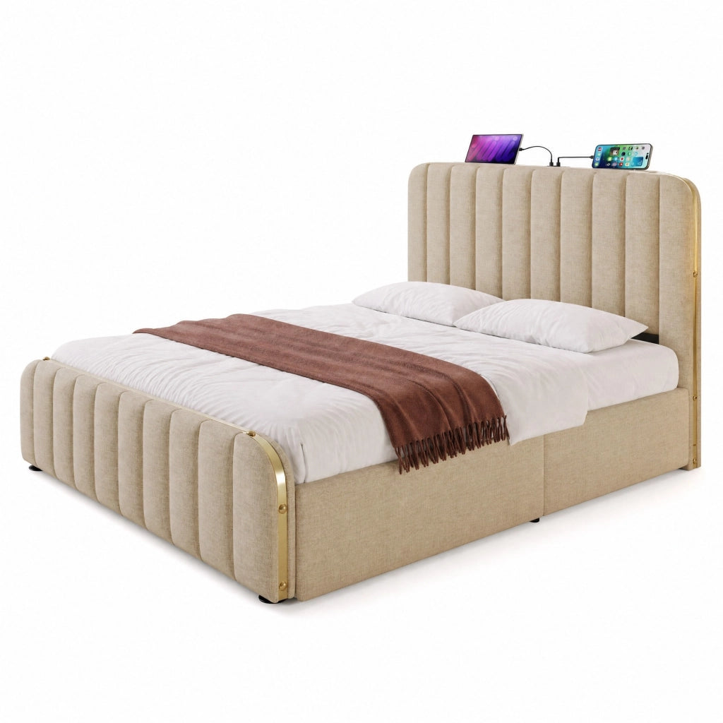 Letto matrimoniale imbottito 160x200 cm con testiera USB e contenitore idraulico