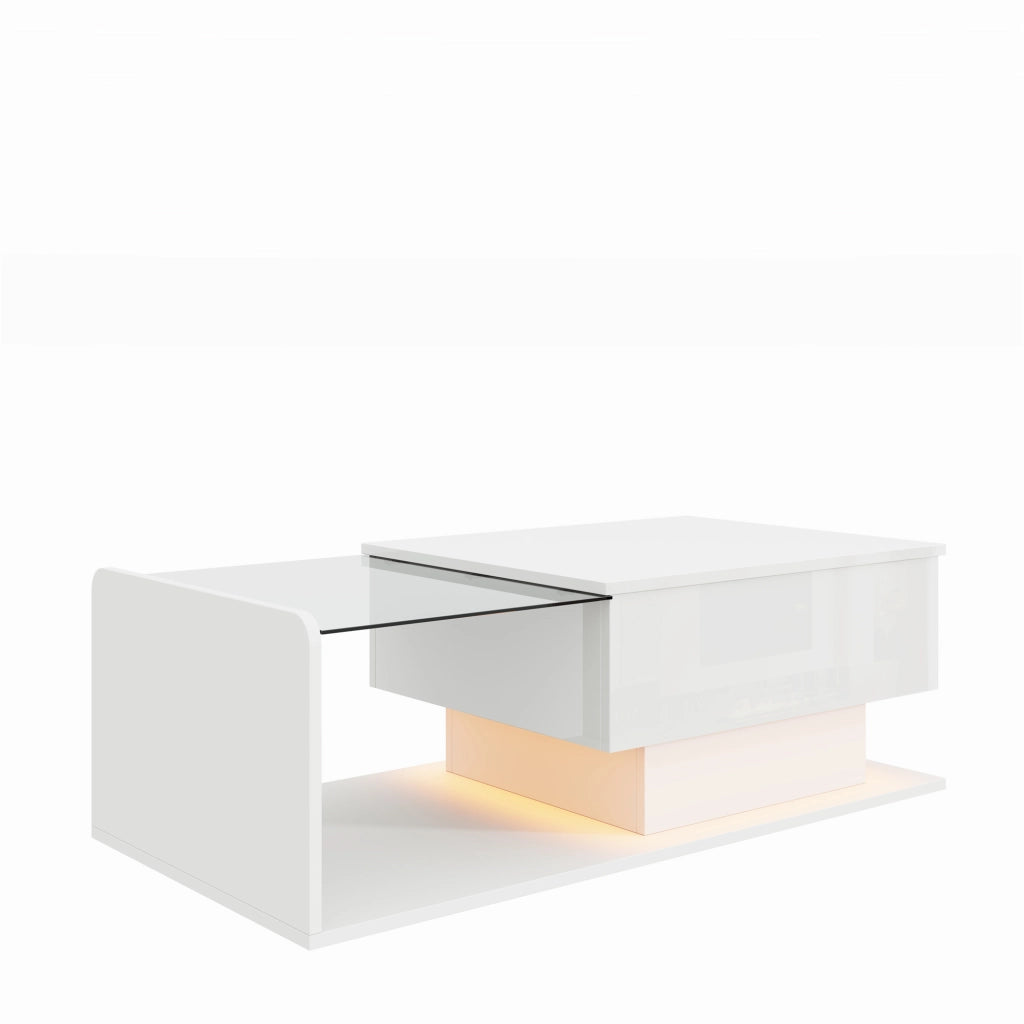 Tavolino da caffè 100x50x33/47.5 cm; altezza regolabile con luce LED e spazio contenitivo; truciolare e vetro temperato bianco