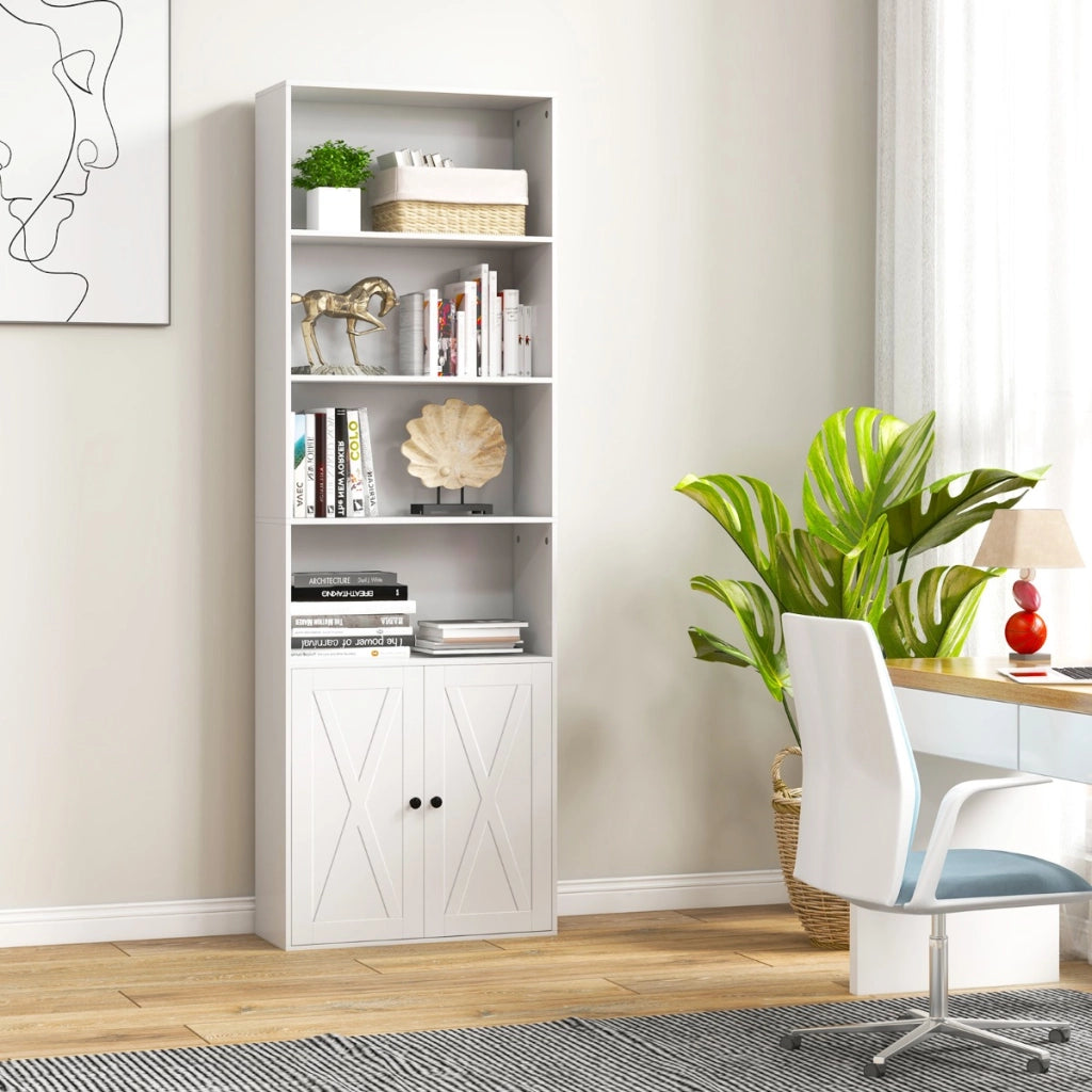 Libreria scaffale con ante stile rustico 6 ripiani e 2 ante-Libreria da 180cm con ripiano regolabile Bianco