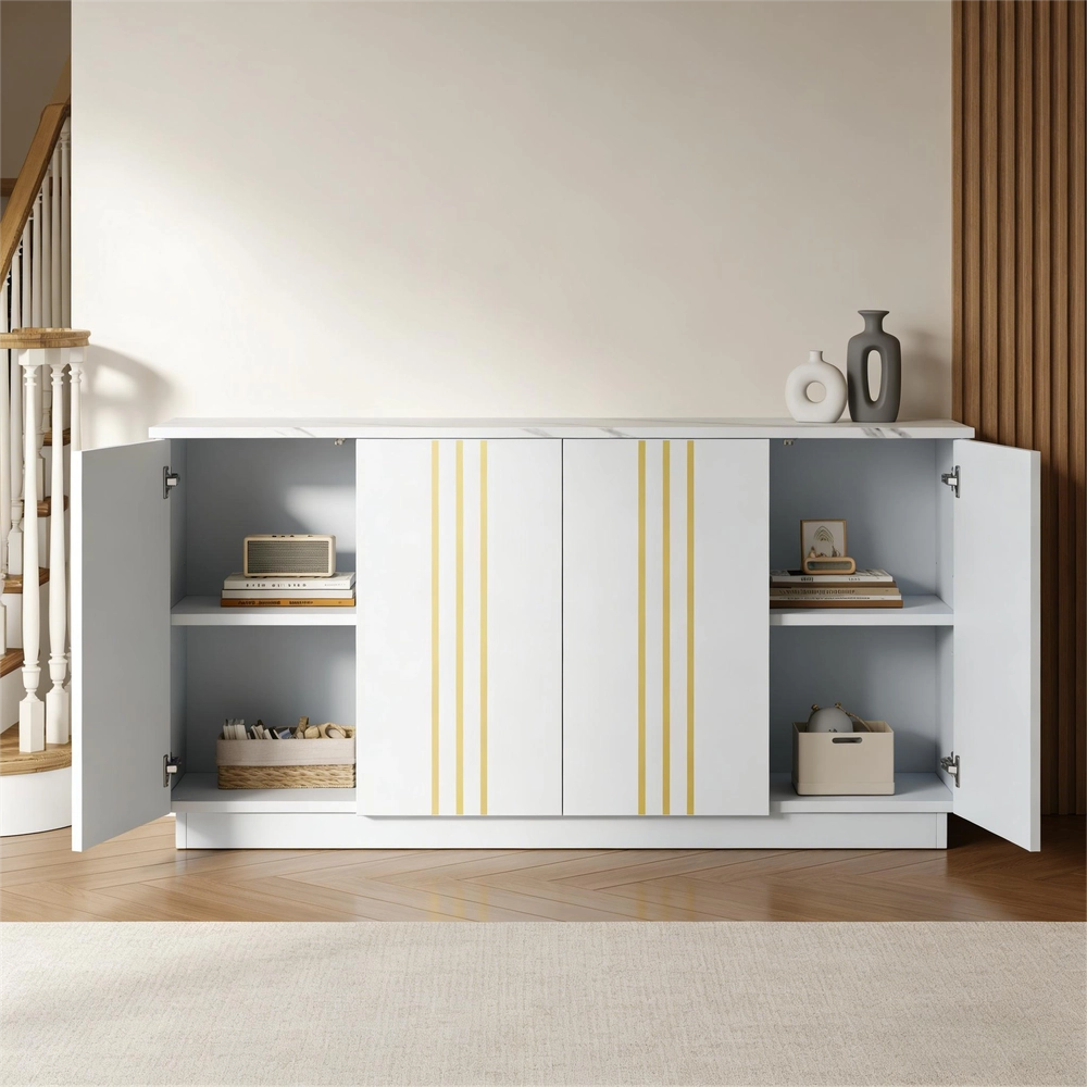 Credenza Soggiorno con 4 Ante ¨C MINIMAL ¨C Bianco e Oro, Ripiani Regolabili, 35x140x70 cm