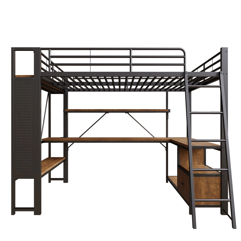LETTO A SOPPALCO 140x200 cm Nero in metallo con scrivania, LED e USB