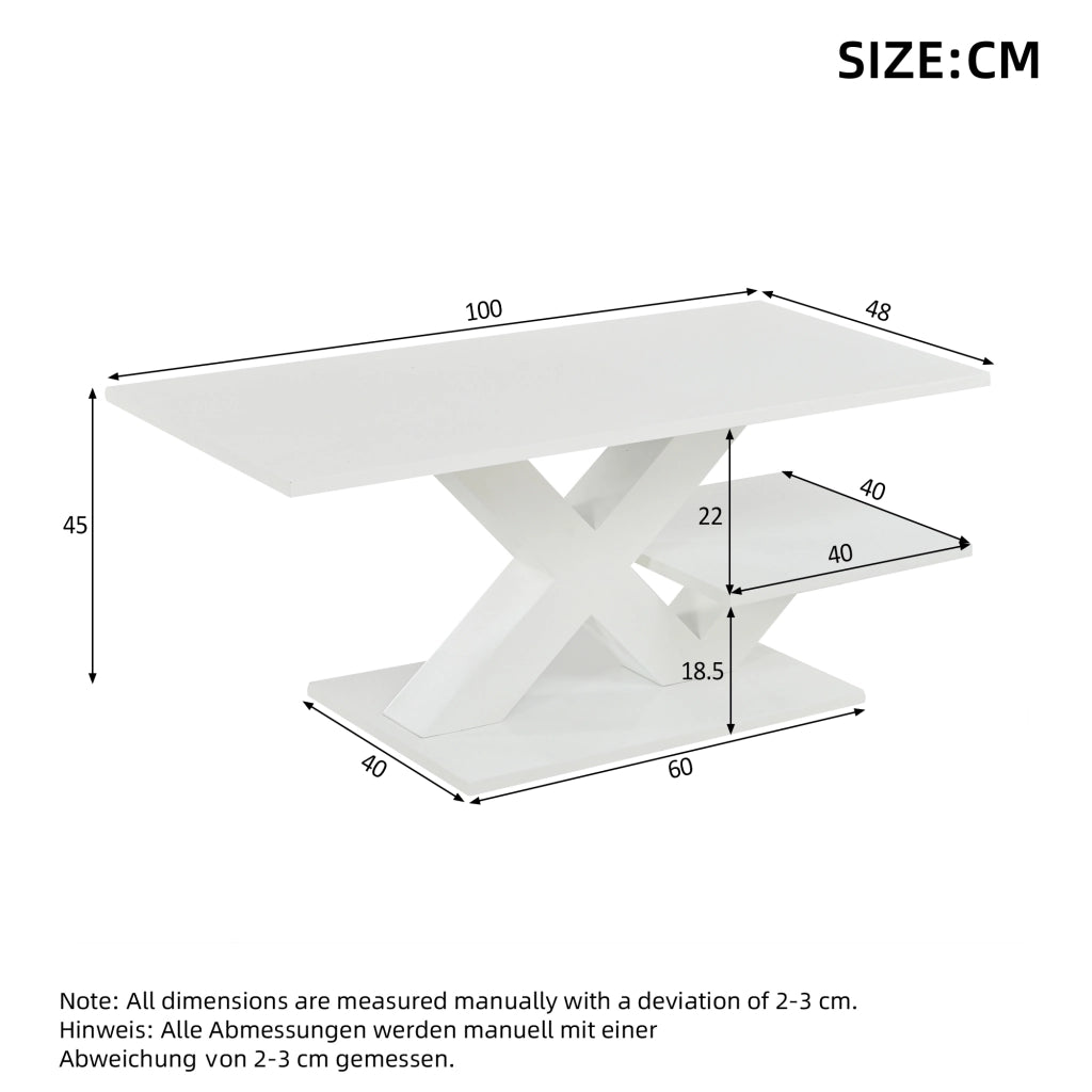 Tavolino da salotto rettangolare bianco lucido 100 x 48 x 45 cm, in MDF, struttura a X, portata fino a 10 kg
