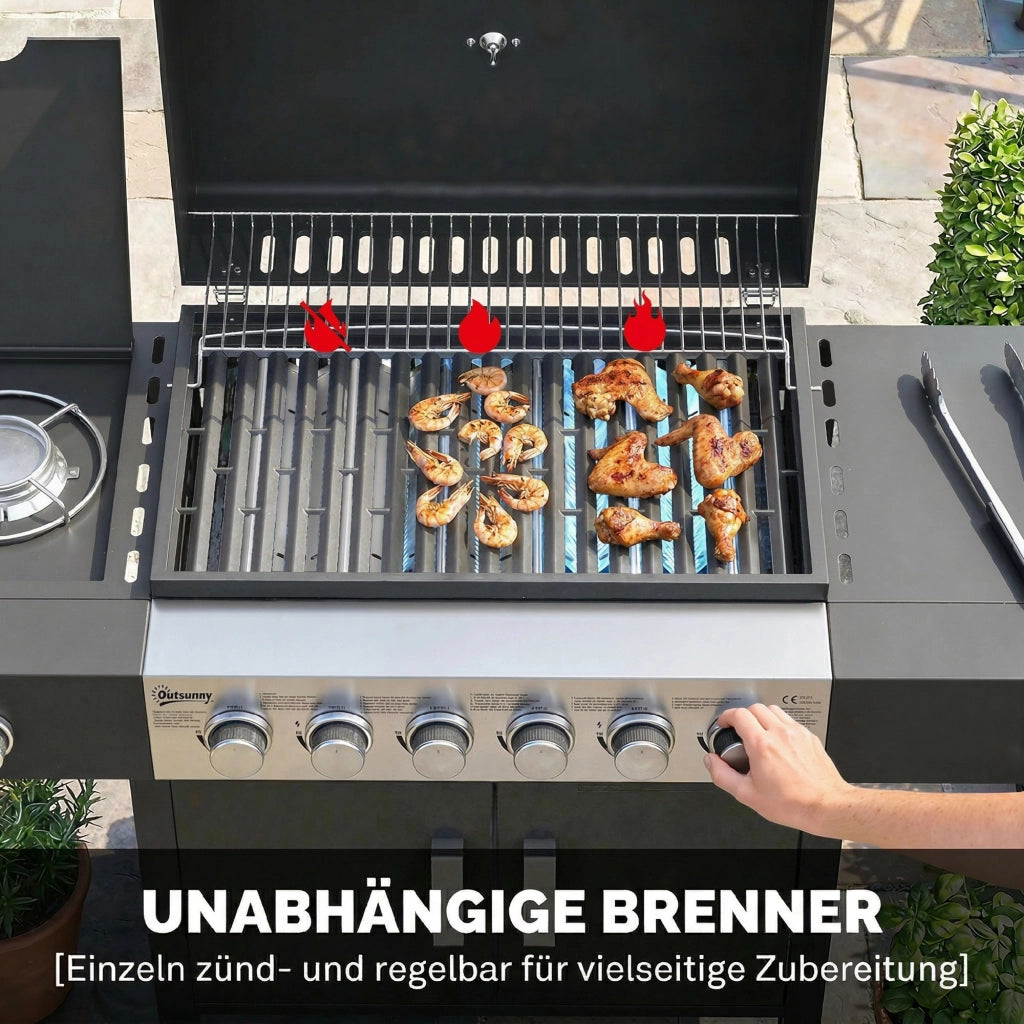 Barbecue a Gas 6+1 Bruciatori 17,8 KW ¨C Xylo ¨C Acciaio Inox con Ruote Termometro Griglia Smaltata