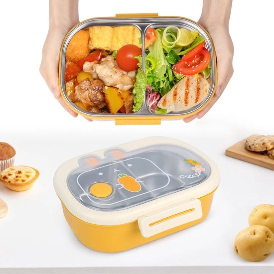 Lunchbox per bambini in acciaio inossidabile a 2 compartimenti, Bento box, lattina per pranzo sicura per bambini e adulti, impermeabile, BPA-free e resistente al lavastoviglie, snack box con disegno (giallo)