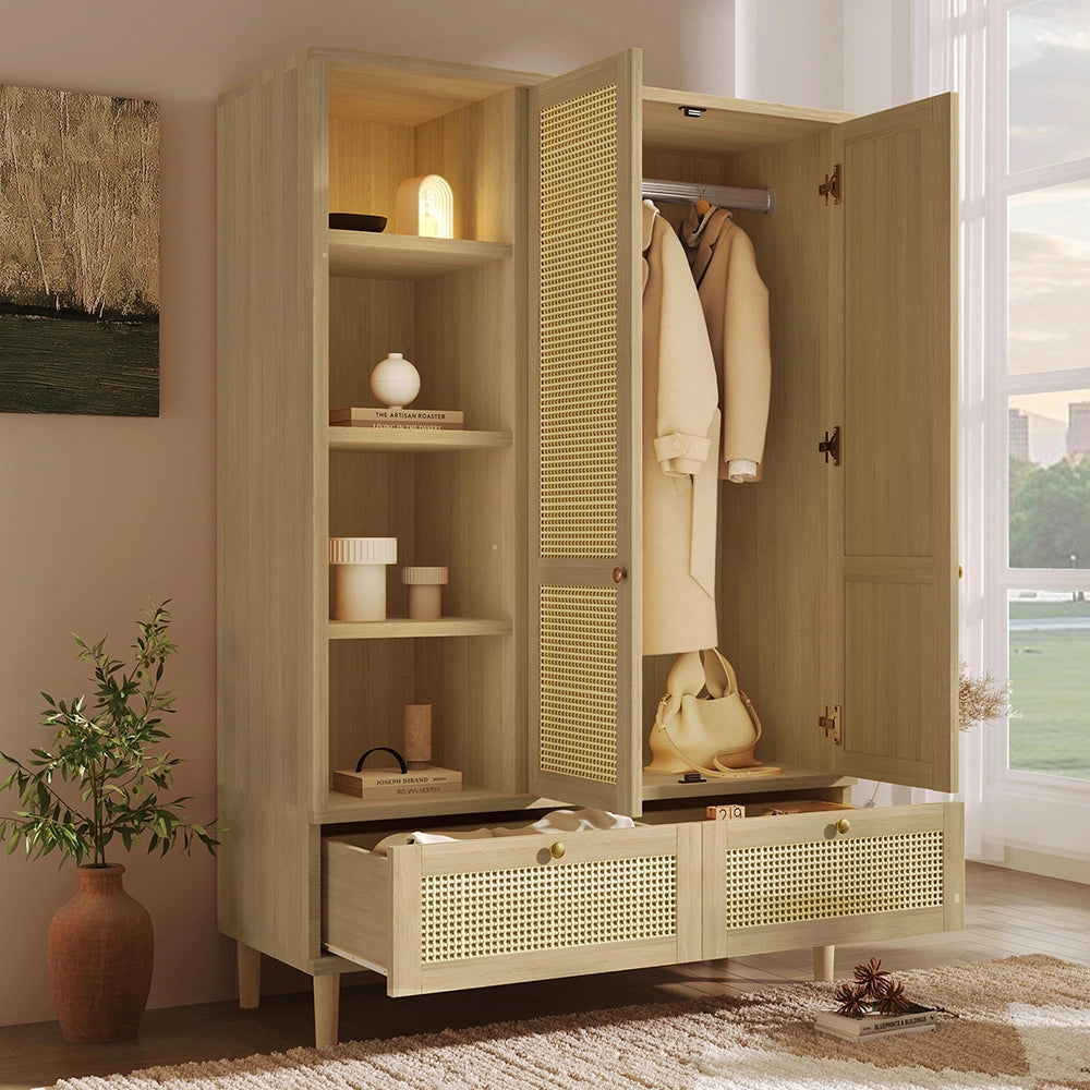 Armadio guardaroba con 2 ante e intreccio in rattan - Xylo - Stile cottage aspetto quercia, 2 cassetti, antiribaltamento, 180x120x50 cm