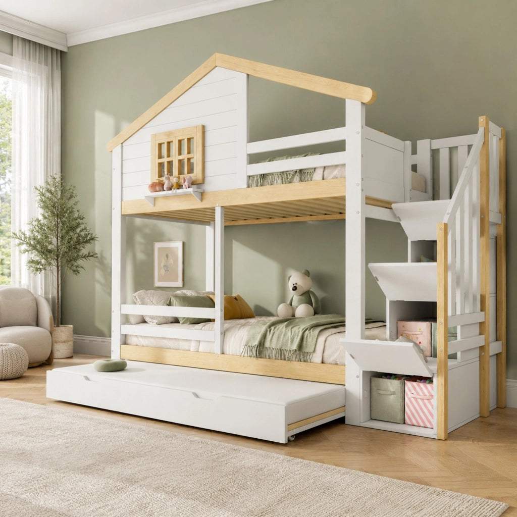 Letto a castello 90x200 con letto estraibile e scala contenitore