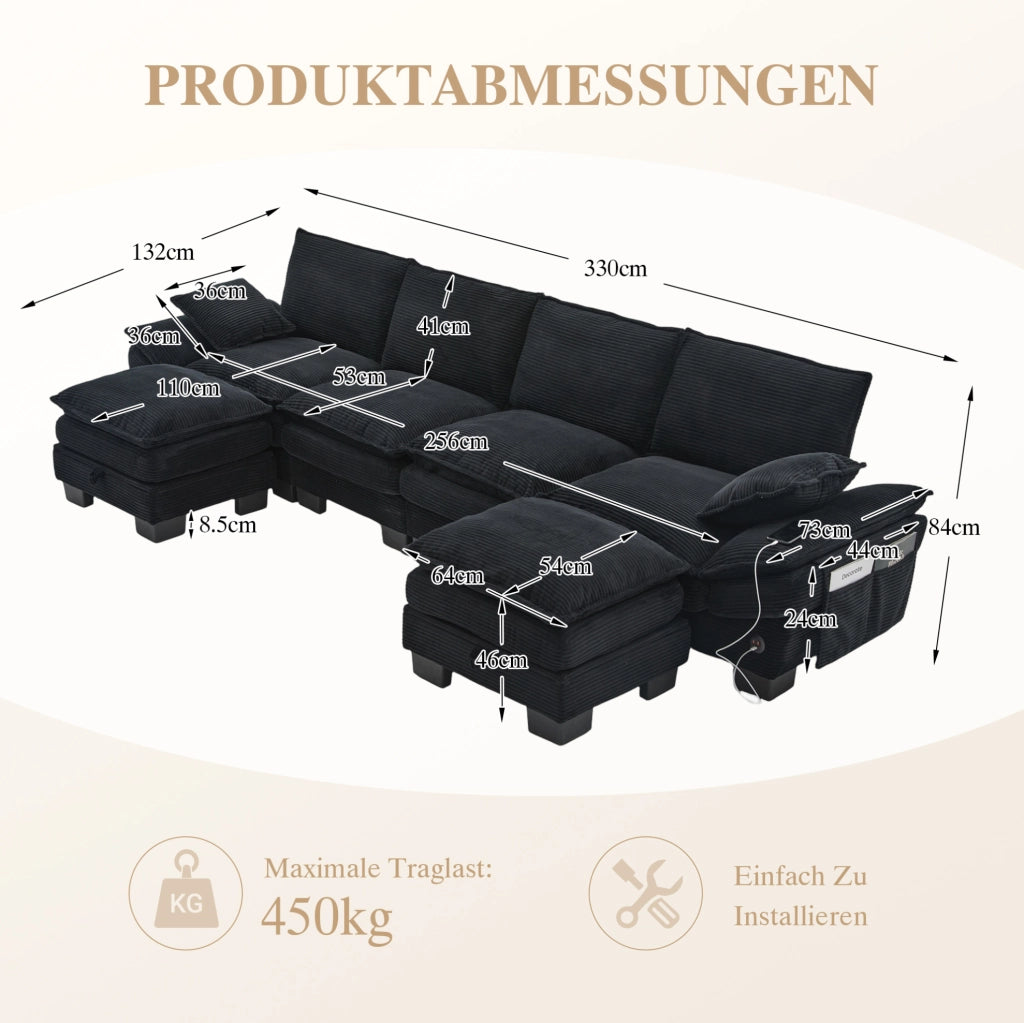 Divano modulare 4 posti con 2 pouf; USB-C; in corduroy nero; 330x132x84 cm