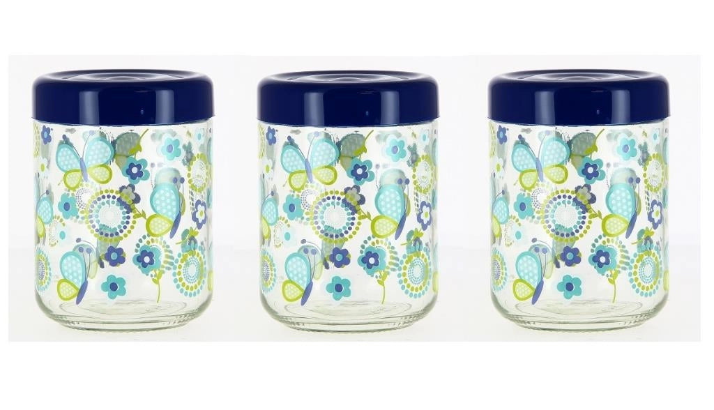Set 3 Tris Barattoli Zucchero Sale Caffè in vetro decoro vanessa blu cerve