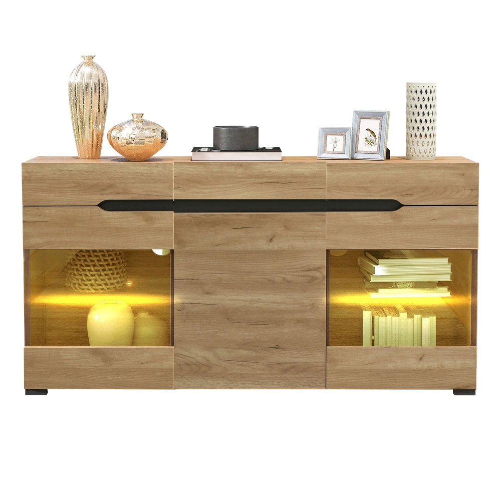 Credenza Moderna con LED ¨C MINIMAL ¨C 3 Ante, 3 Cassetti, Legno, Soggiorno