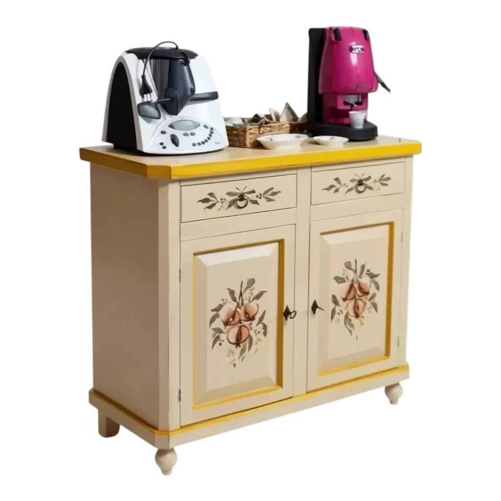 Credenza 2 ante legno bianca anticata decorata filo giallo 104x43x98 - Mobili 2G