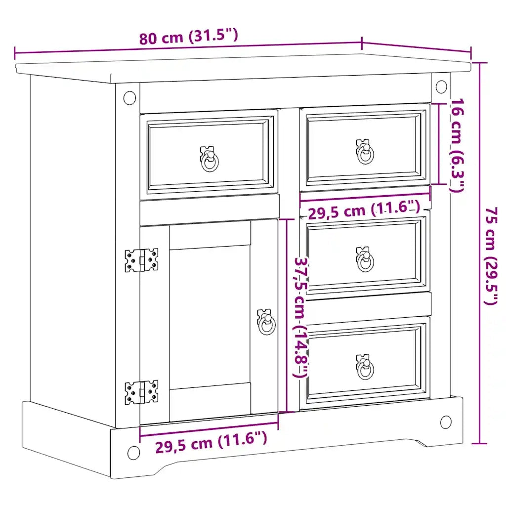 Credenza | Madia | Buffet da pranzo | Armadio da pranzo Corona 87x40x76 cm in Legno Massello di Pino