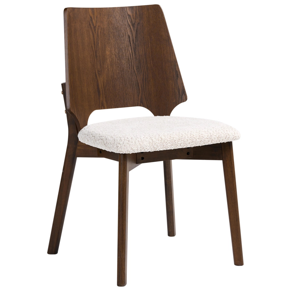 Set di 2 sedie da pranzo marroni e beige chiaro in compensato bouclé con gambe in legno di gomma senza braccioli stile retrò tradizionale