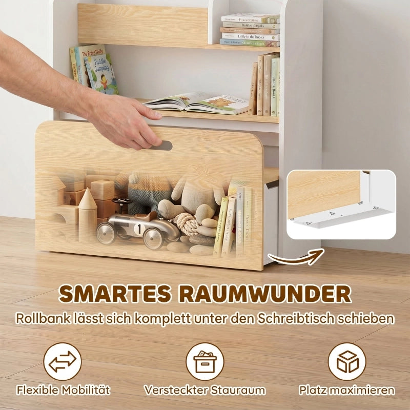 TAVOLO bambini 5 in 1 con libreria e panca rollabile bianco