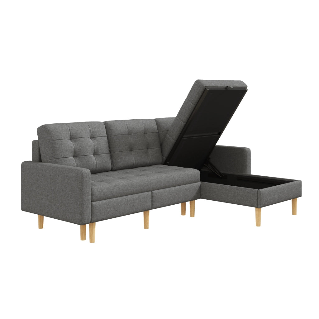 Divano angolare reversibile 3 posti con contenitore e chaise longue intercambiabile in tessuto grigio
