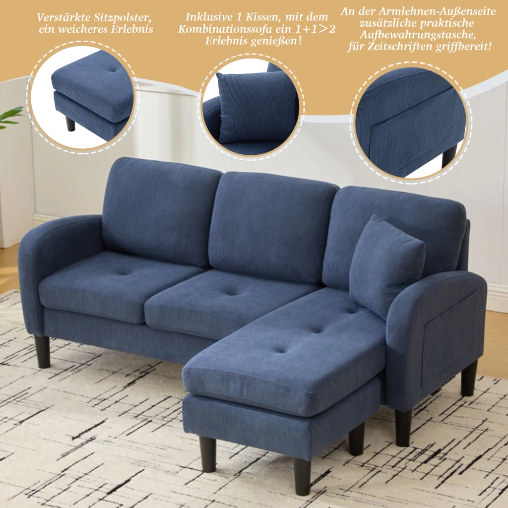 DIVANO angolare modulare 166x118x77 cm in cord Blu con chaise longue