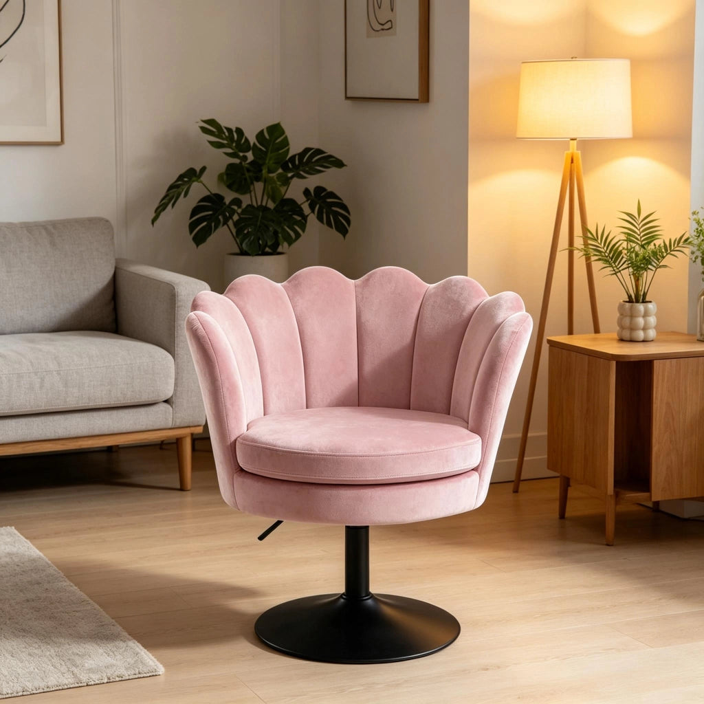 Sedia girevole in velluto rosa regolabile in altezza con base in metallo, 61,5x65x71-83 cm