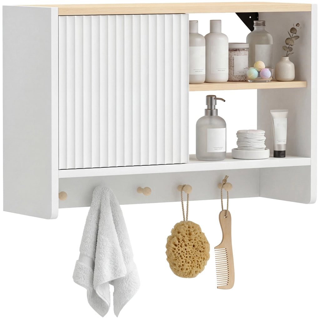 Armadietto da bagno sospeso con ante, ripiani e 5 ganci ¨C zephmum ¨C bianco 60x30x30