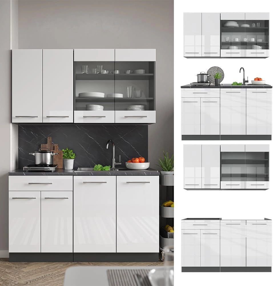 Cucina completa Fame-Line, Bianco lucido/antracite, 140 cm senza piano di lavoro, adatto per la combinazione individuale con altri moduli