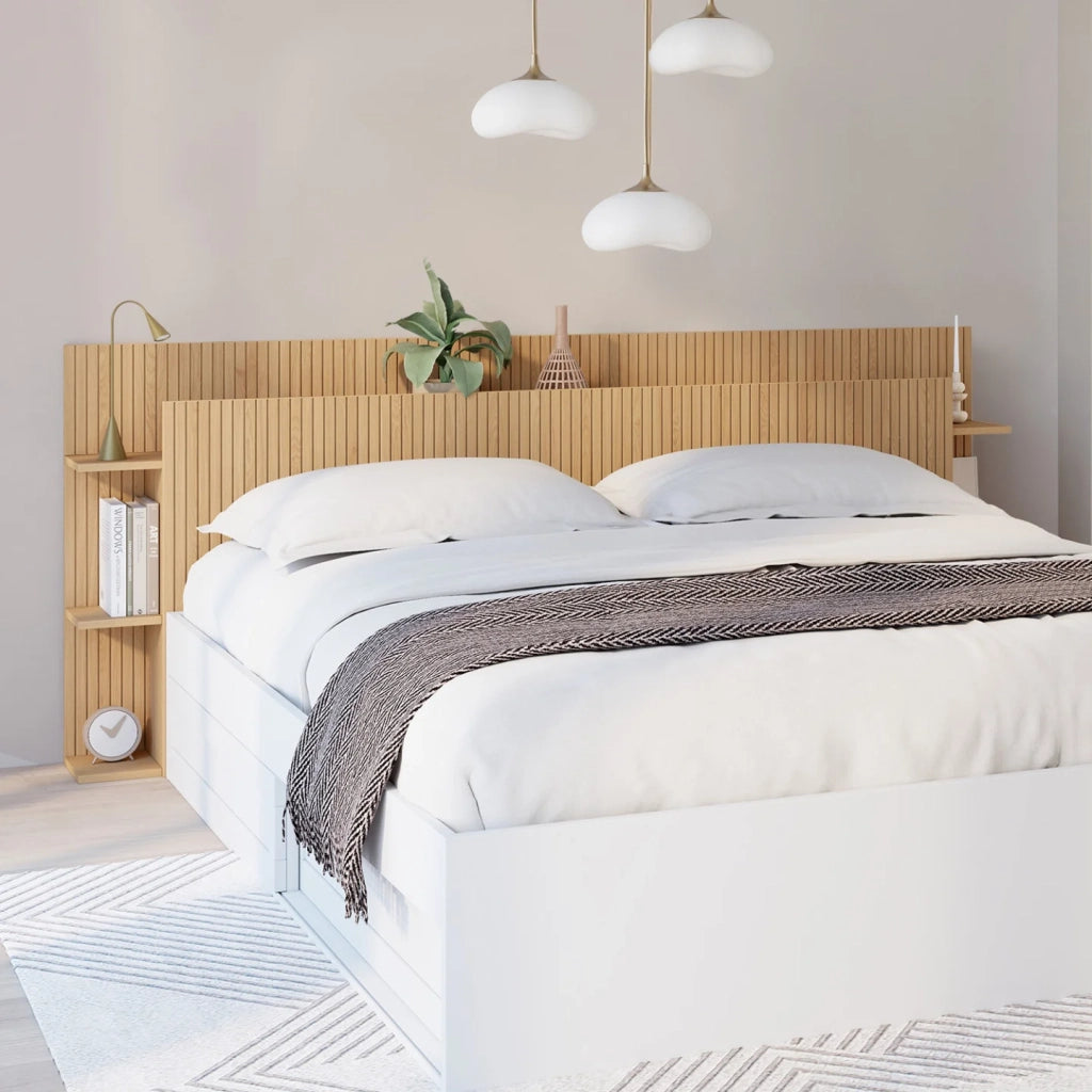 IDMarket - Testiera JULIETTE su piede per letti da 140 e 160 cm con vani contenitori effetto doghe in legno