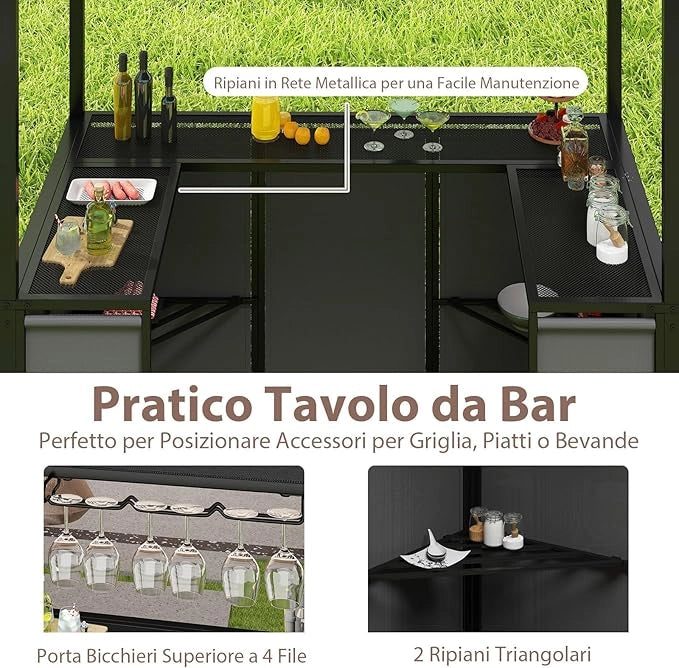 Gazebo per Barbecue, Pergola per BBQ con Tavolo Bar e 2 Sgabelli Bar Pieghevoli, Ripiani di Stoccaggio in Metallo, per Giardino e Cortile, 193 x 117 x 240 cm (Grigio)