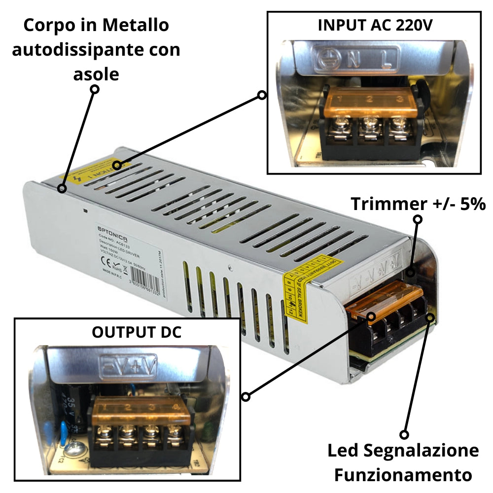 Alimentatore sottile 150w 12v 12.5a per strisce led ip20
