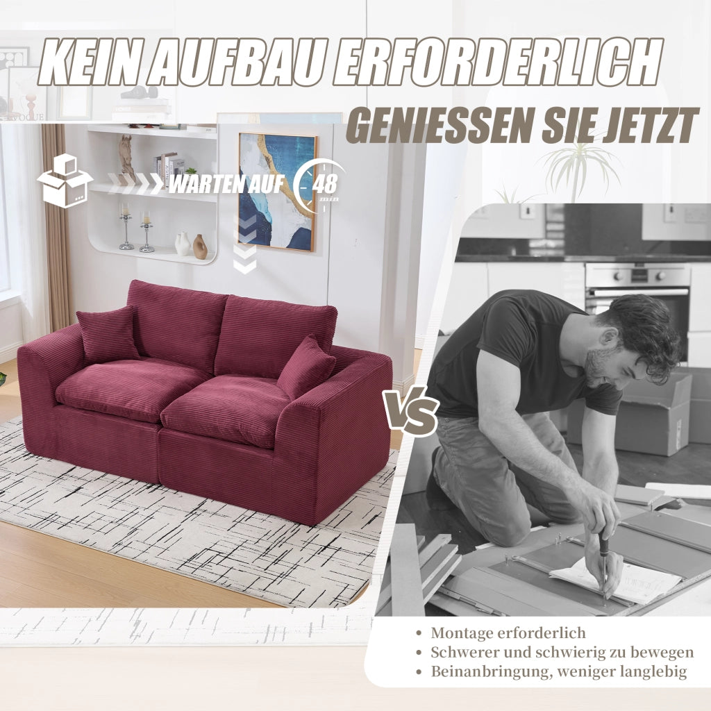 OKWISH Divano 2 Posti, Seduta Imbottita con Cuscini e Design Minimalista, Tessuto a Coste, Rosso Vino