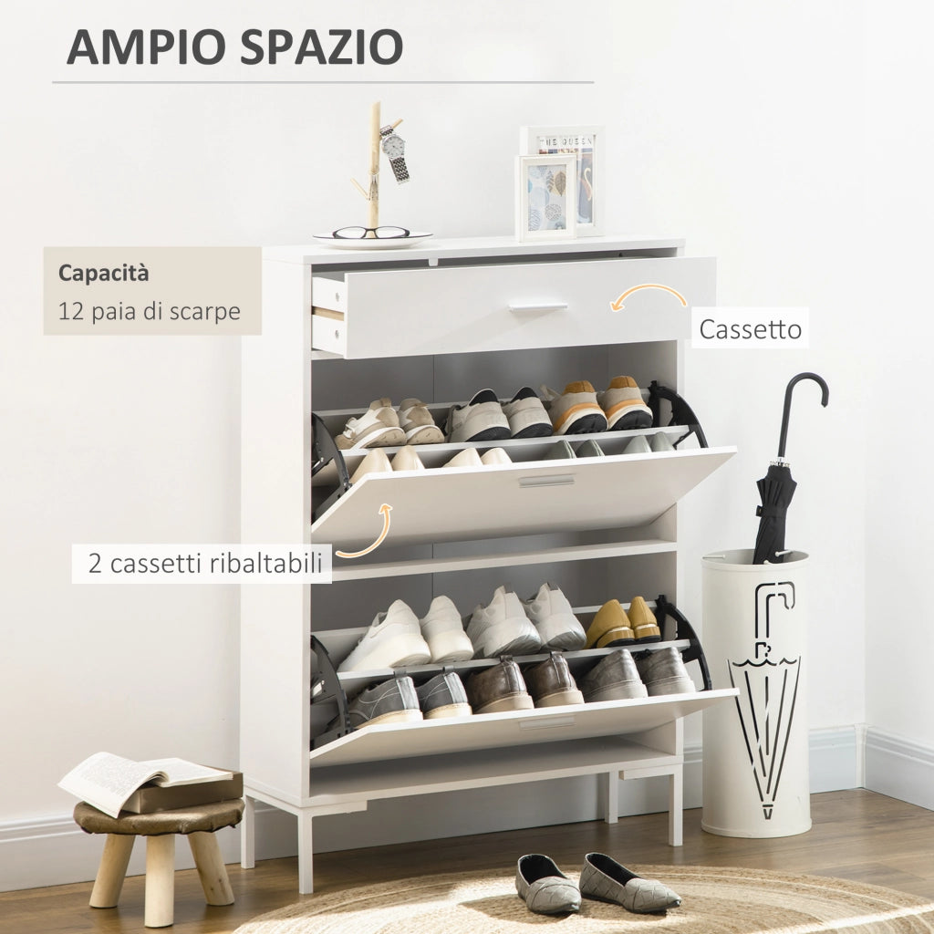 Mobile Scarpiera Moderno con 2 Ante a Ribalta e Cassetto ¨C zephmum ¨C Bianco 76x26x110 cm