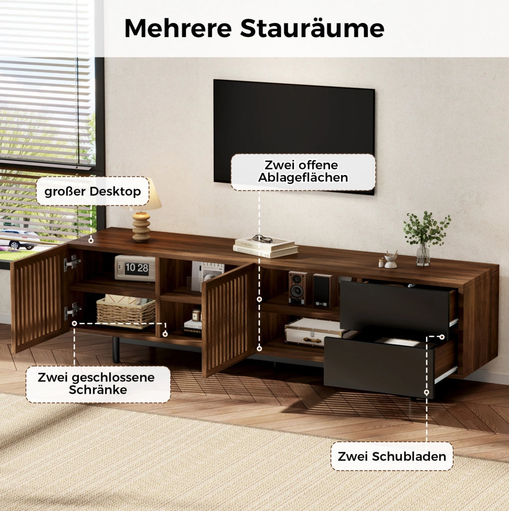 MOBILE TV 160x38x50 cm MDF Noce e Nero con Ante a Lamelle e 2 Cassetti