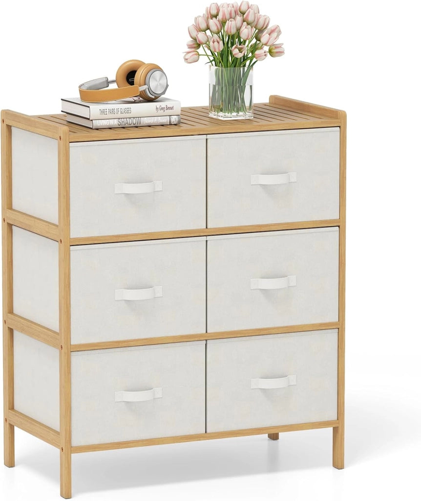 Cassettiera a 6 Cassetti in Bambù, Torre di Stoccaggio con Cassetti in Tessuto Pieghevoli e Ripiano Superiore, Organizzatore Verticale per Soggiorno Corridoio, 66x35x78,5 cm