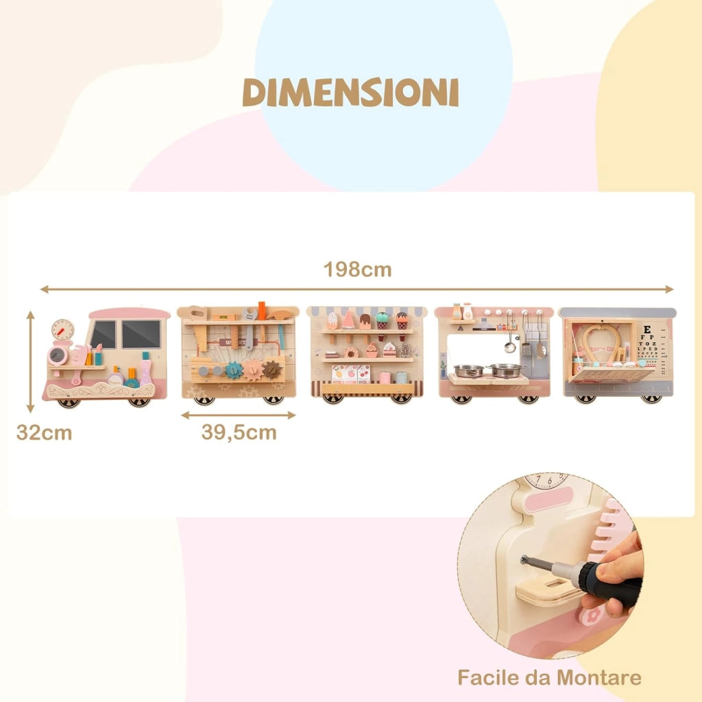 5 in 1 Pannello Sensoriale in Legno per Bambini, Busy Board con Vanity, Cassetta degli Attrezzi, Cucina Giocattolo, Kit del Dottore e Bar, Giocattolo Montessori per Sala Giochi e Asilo