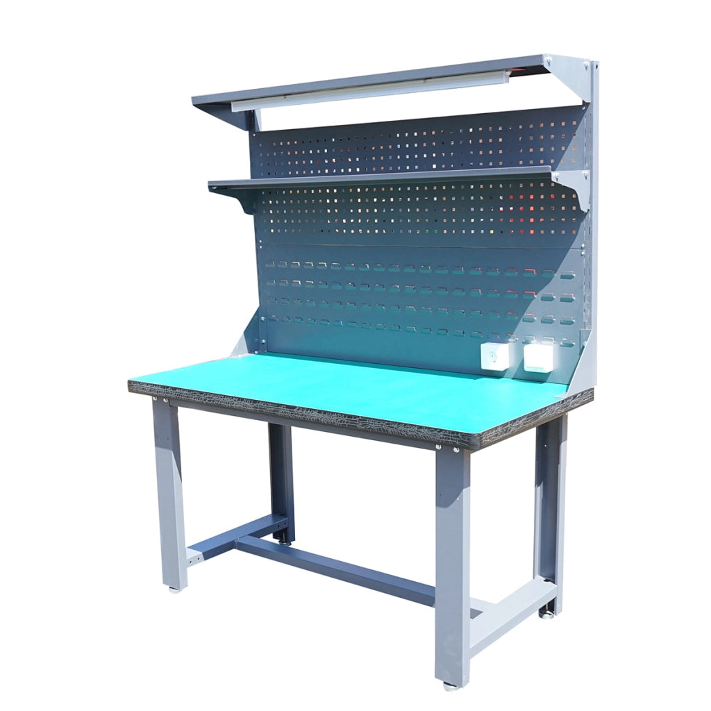 Tavolo, banco da lavoro da officina con presa 220V, pannello forato e illuminazione a LED 1500x750x800+1000mm