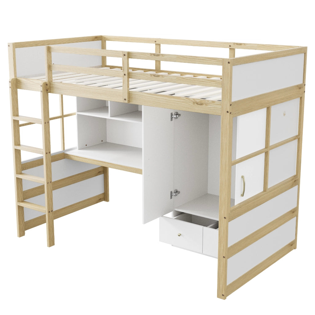 Letto a soppalco singolo 90×200 cm con scala; scrivania; armadio e cassetti; senza materasso; legno