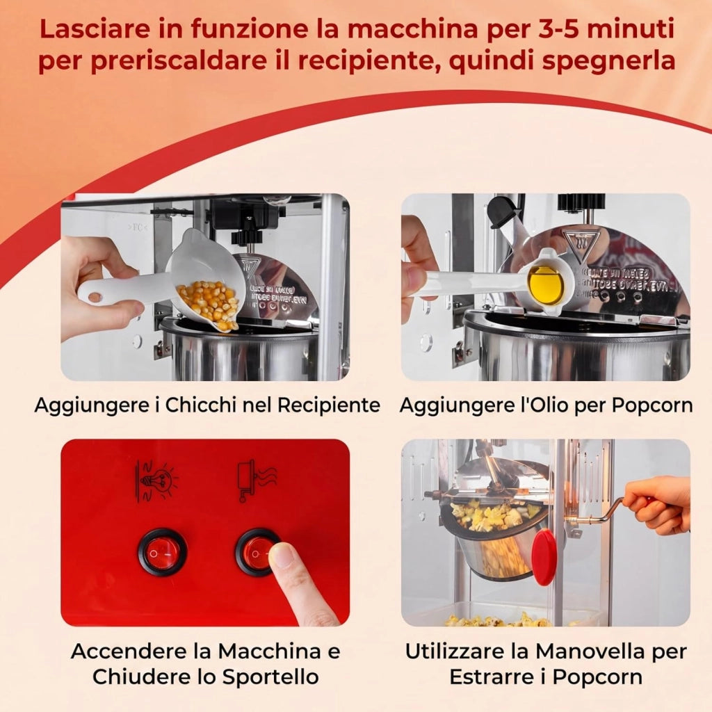 Macchina per Pop Corn per Casa, Macchina Popcorn in 3-5 Minuti con Contenitore in Acciaio Inox e Cucchiai per Chicchi e Olio, Condimento Personalizzato, Stile Cinema