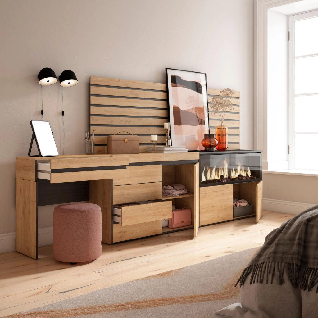 Tavolo da toeletta, 284x35x145cm, Con cassetto, Camino elettrico XXL, Cassettiera, Pannelli Decorativi, colore Rovere RF3474