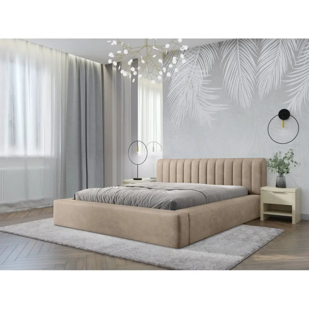 Letto contenitore CERVIN – Velluto morbido Nude Sablé – 160x200 cm – Rete sollevabile – Design elegante