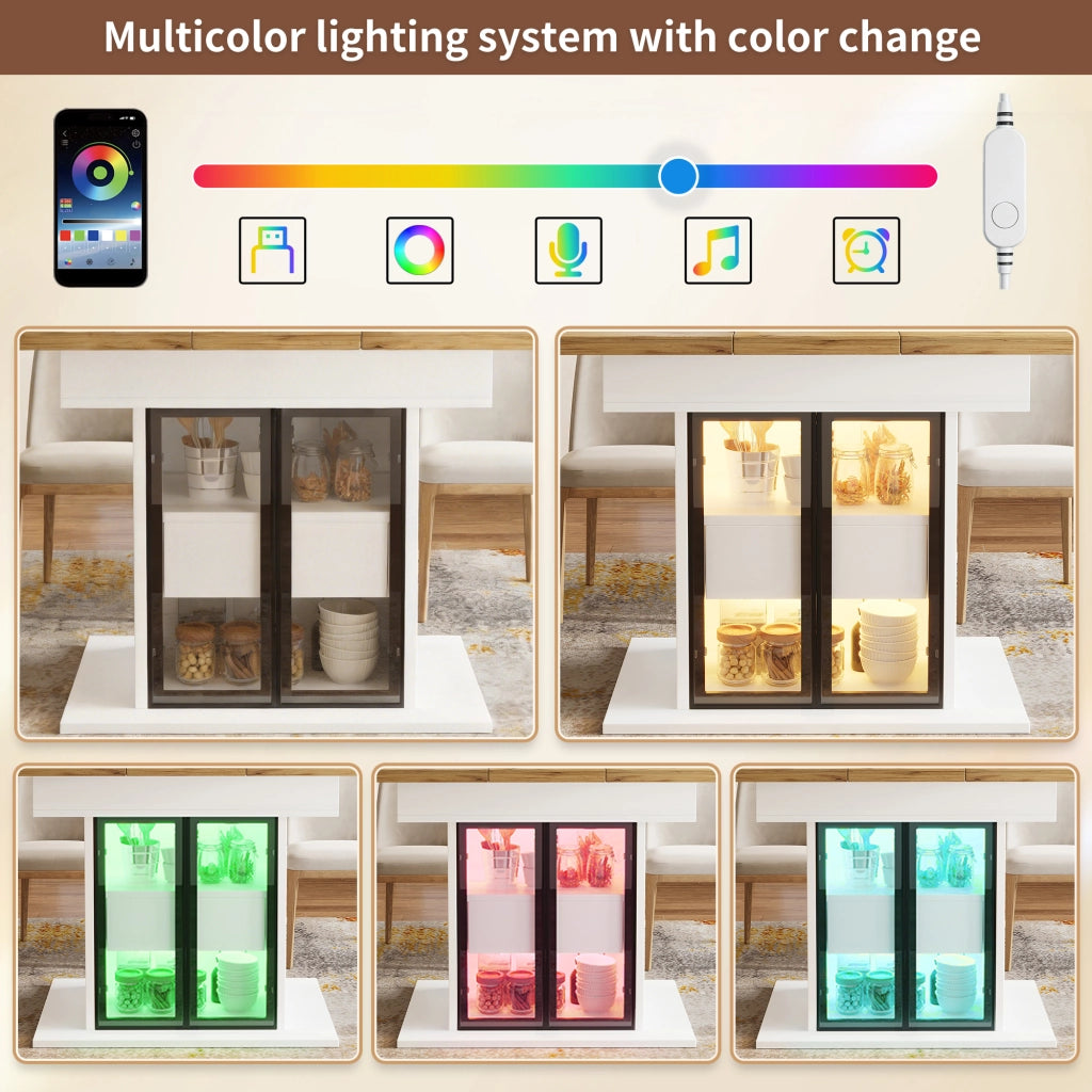 Tavolo da pranzo allungabile con 2 cassetti, ripiani regolabili, ante in vetro e LED RGB, per cucina e sala da pranzo