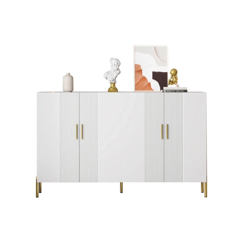 Credenza Bianca Moderna Mobile Buffet 4 Ante con Dettagli Oro 160x35x100cm