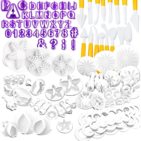 Set di modelli per biscotti fondant in forma di lettere, 87 pezzi, con strumento per modellare fiori di rosa, per la decorazione della torta.