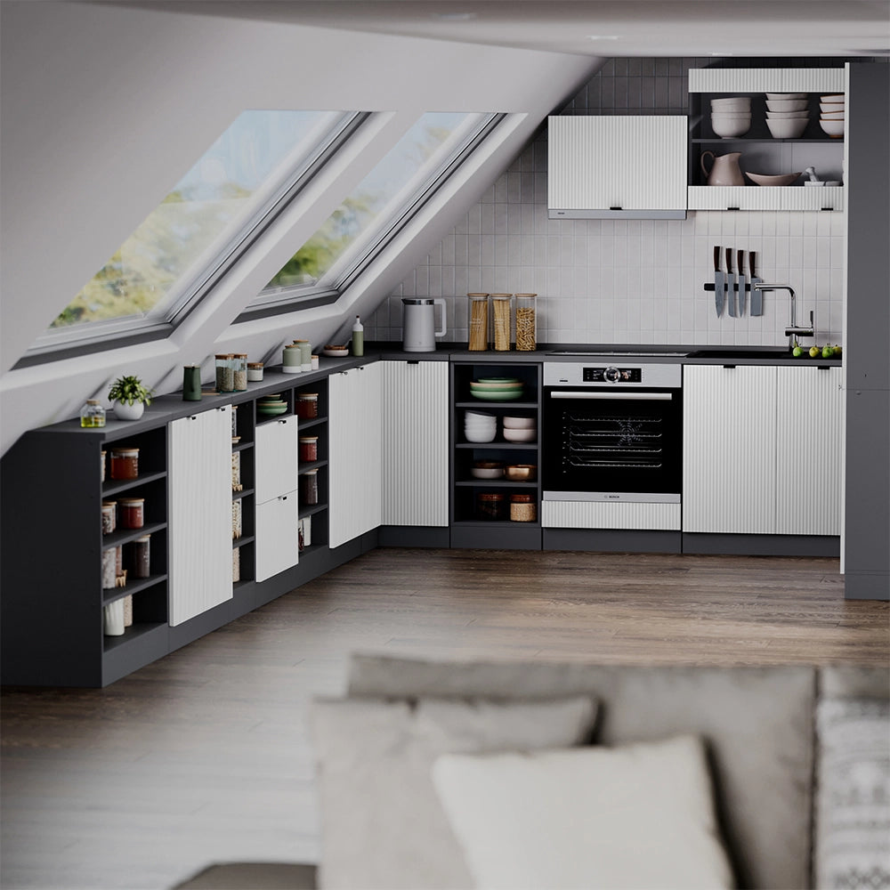 Mobile cucina sottotetto R-Line Ondulazione bianca/Antracite 60 cm con 2 porte, carcassa 60 cm profondità Vicco