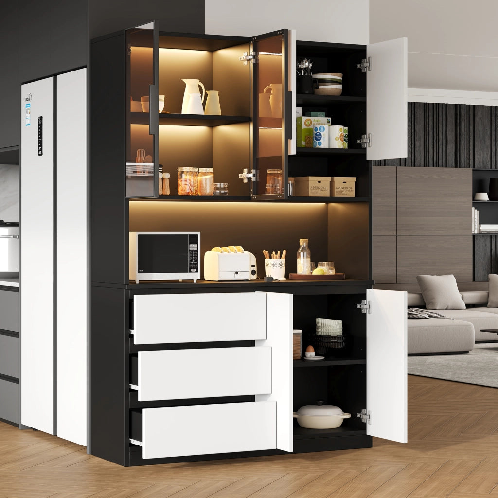 Credenza alta con LED, 6 ante, 3 cassetti e ripiani, per cucina e sala da pranzo, bianco e nero, 120.5 × 40 × 180 cm