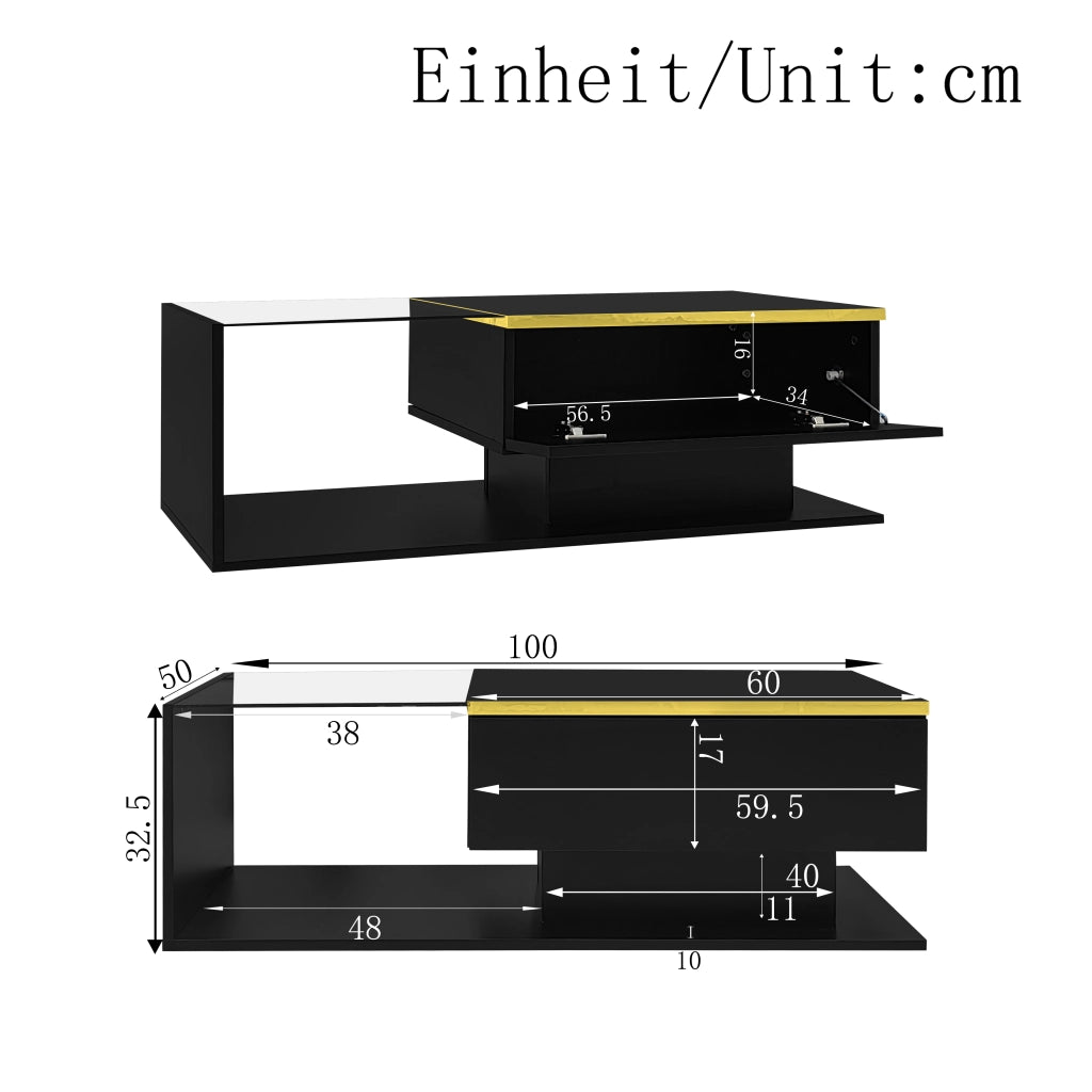 Tavolino Da Caffè 100 cm con Piano in Vetro e LED 16 Colori con App Bluetooth; Nero Lucido; in Truciolare; 100×50×32;5 cm