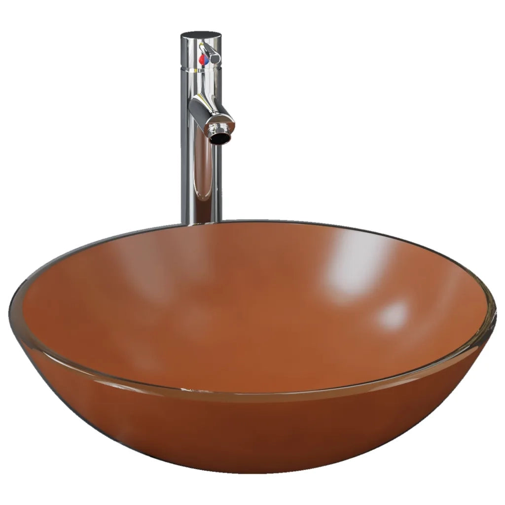 Lavandino con Rubinetto e Piletta in Vetro Temperato Marrone CFW7574982